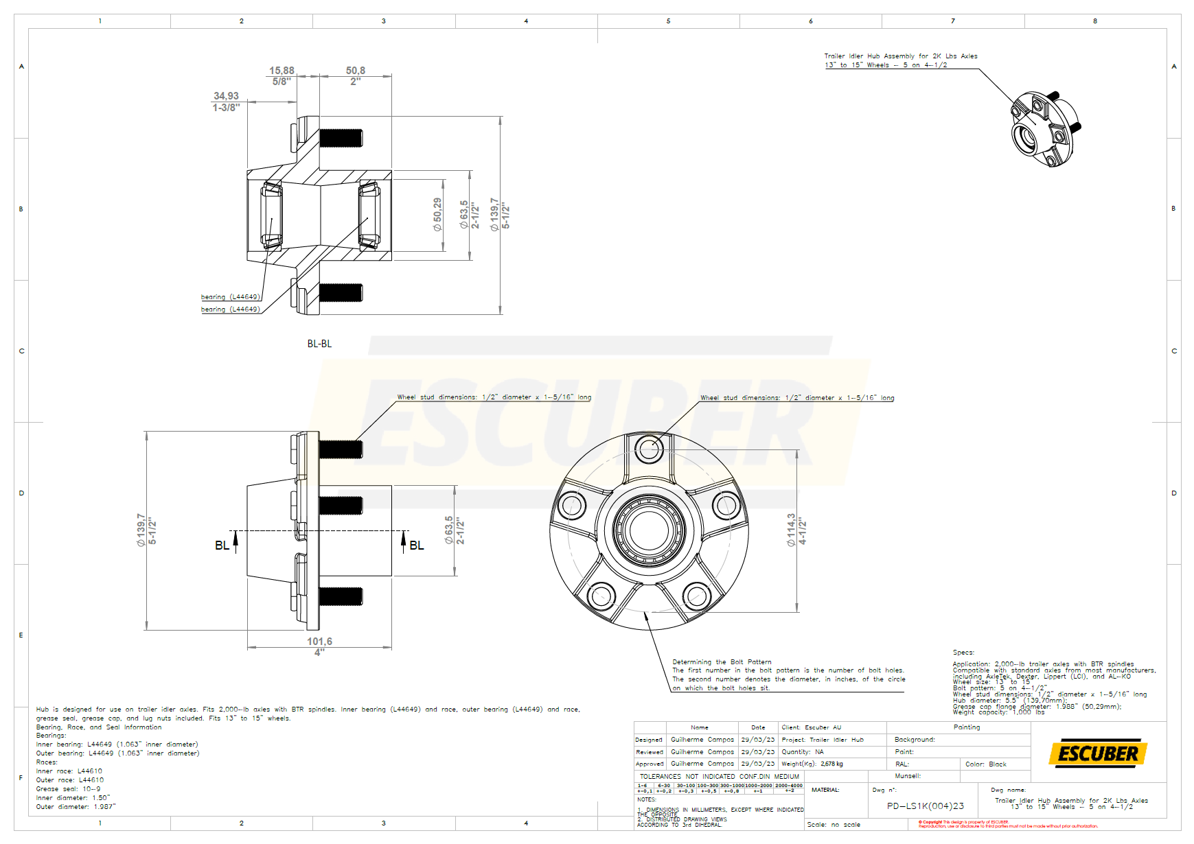 用于2K Lbs轮轴13 至15 车轮的拖车惰轮毂组件